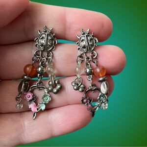 Adorable vintage ladybug & mixed bead dangle earrings whimsigoth fairycore